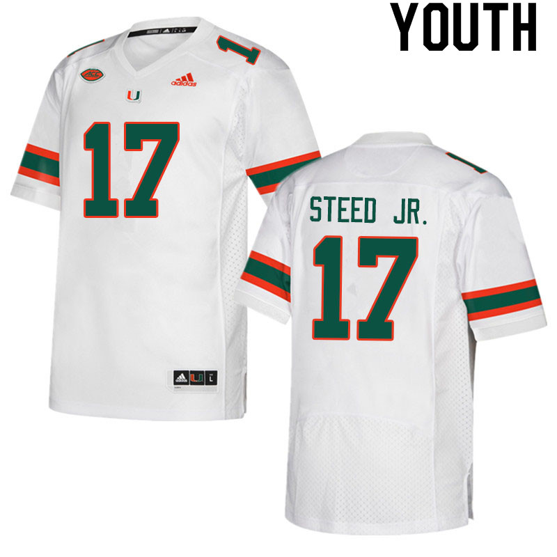 Youth #17 Waynmon Steed Jr. Miami Hurricanes College Football Jerseys Sale-White - Click Image to Close